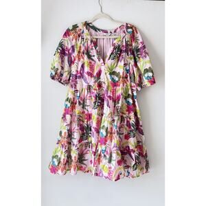 Crown & Ivy Womens L Colorful Pink Tiered Dress Puff Sleeve Tropical Floral Bird